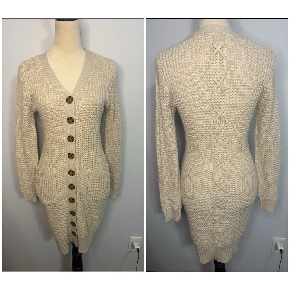 Olive + Oak Knit Cardigan Duster Dress XS PS Lace Up Back Cream Beige NEW Petite